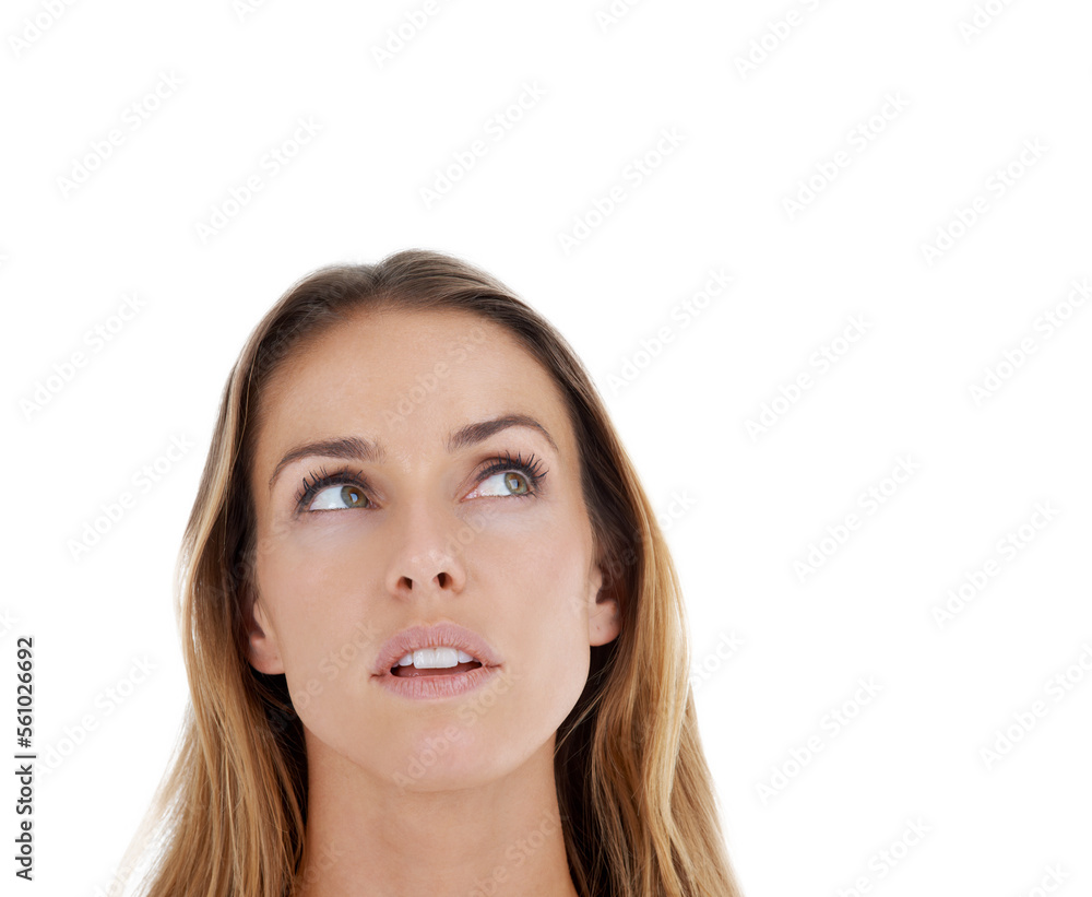 Idea, think and woman with planning ideas with mock up in studio space. Young female mature face thinking alone and isolated with white background and mockup curious and looking up wondering Idea, think and woman with planning ideas with mock up in studio space. Young female mature face thinking alone and isolated with white background and mockup curious and looking up wondering