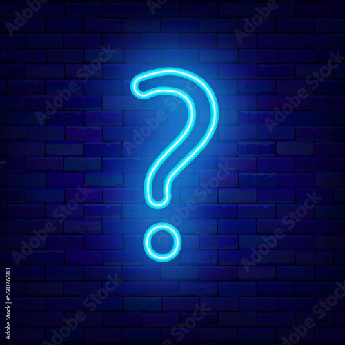 Blue question mark neon icon. Doubt and exam concept. Quiz design. Shiny banner. Vector stock illustration