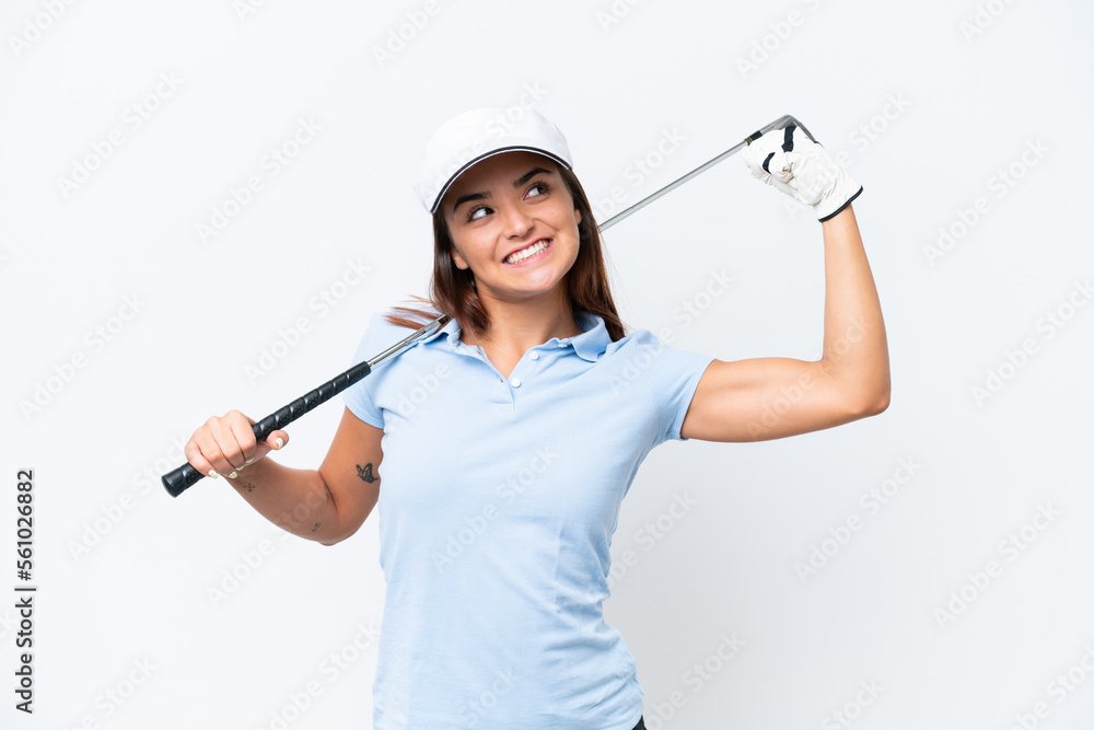 Young caucasian woman playing golf isolated on white background doing strong gesture Young caucasian woman playing golf isolated on white background doing strong gesture