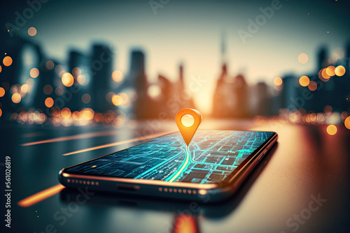 Smartphone with gps navigator icon and map on blur traffic road bokeh abstract background. Technology and transportation concept. Generative AI