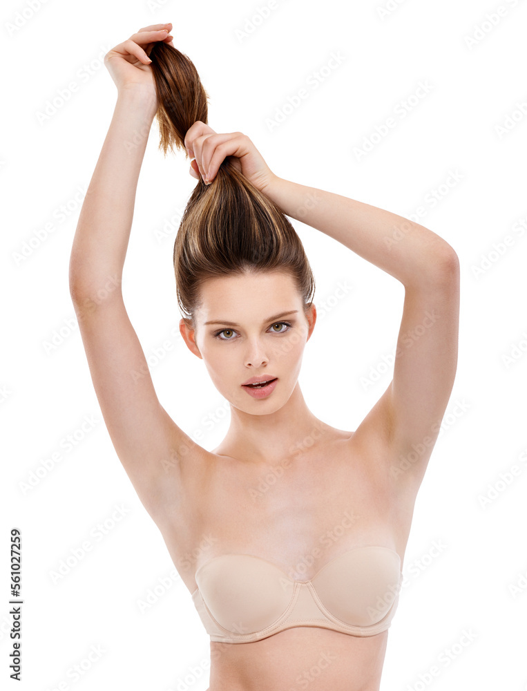 Obraz premium Hair care, wellness and portrait of model in studio doing natural, long and straight hair style. Health, cosmetic and woman in bra with keratin, brazilian or botox hair treatment by white background.