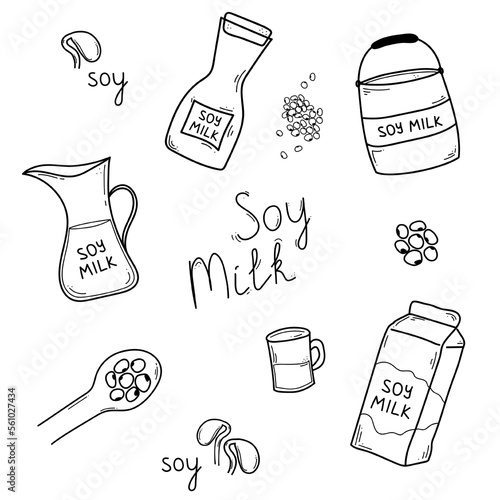 Soy milk hand drawn doodle set. Vector illustration. Isolated elements on white background