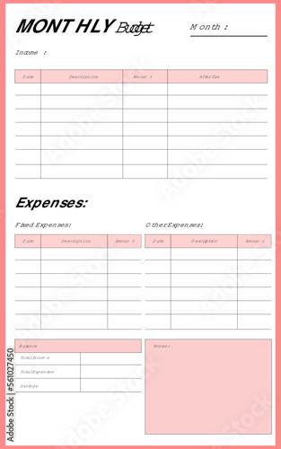 Budget Monthly planner pink template