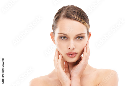 Skincare, facial and portrait of woman in studio on white background for wellness, dermatology and salon. Spa marketing, aesthetic and hands on girl face with cosmetics, makeup and beauty products