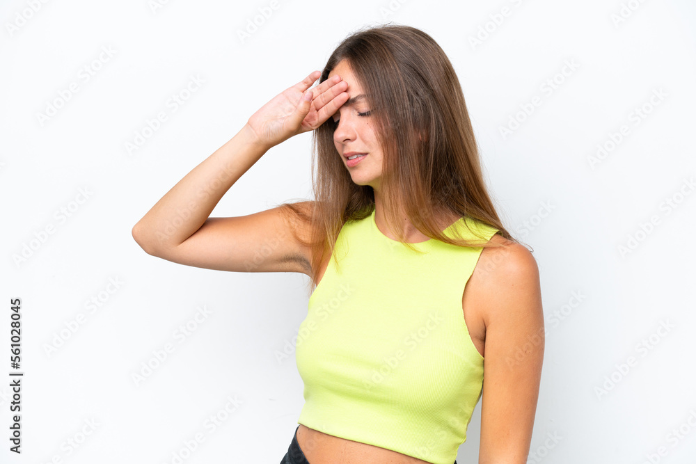 Young caucasian woman isolated on white background with tired and sick expression Young caucasian woman isolated on white background with tired and sick expression