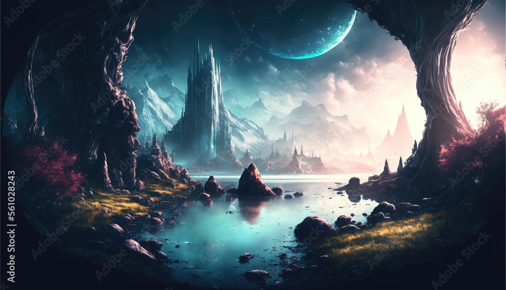 Serene magical fantasy lake, Generative AI