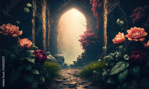 A path through a magical fantasy landscape with flowers, Generative AI