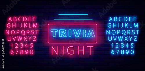 Trivia night neon sign. Geometric frame with lines. Quiz show. Game competition. Vector stock illustration