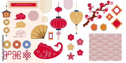 Title: Group of asian decorative elements for holidays, Chinese New Year, Lantern festival, objects, lanterns, coins, flowers, decorative shapes and lines.
