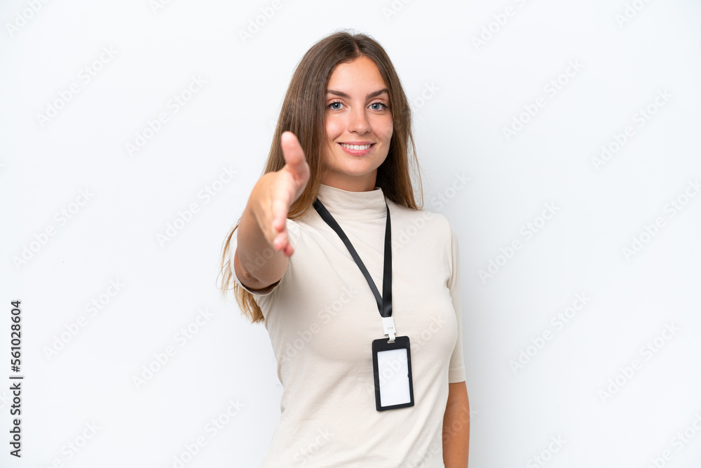 Young pretty woman with ID card isolated on white background shaking hands for closing a good deal Young pretty woman with ID card isolated on white background shaking hands for closing a good deal