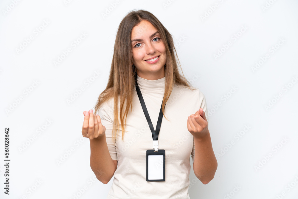 Young pretty woman with ID card isolated on white background making money gesture Young pretty woman with ID card isolated on white background making money gesture