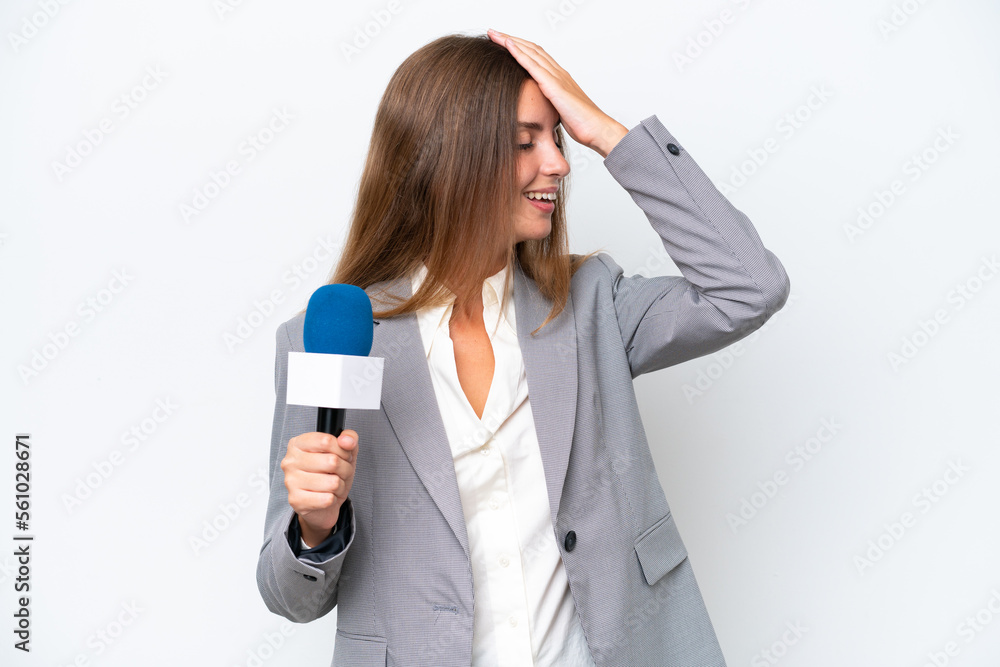 Young TV presenter caucasian woman isolated on white background smiling a lot Young TV presenter caucasian woman isolated on white background smiling a lot