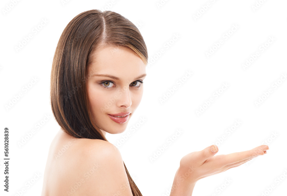 Woman portrait, skincare or hand palm for promotion space, product placement or hair advertising sales on studio mockup. Happy, beauty model or showing marketing gesture on white background mock up Woman portrait, skincare or hand palm for promotion space, product placement or hair advertising sales on studio mockup. Happy, beauty model or showing marketing gesture on white background mock up