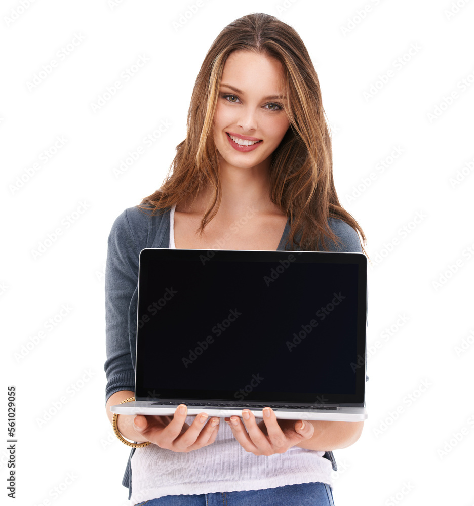 Portrait, mockup or woman with laptop, connection or female isolated on white studio background. Lady, consultant or employee with computer, smile or digital marketing and online research for startup Portrait, mockup or woman with laptop, connection or female isolated on white studio background. Lady, consultant or employee with computer, smile or digital marketing and online research for startup