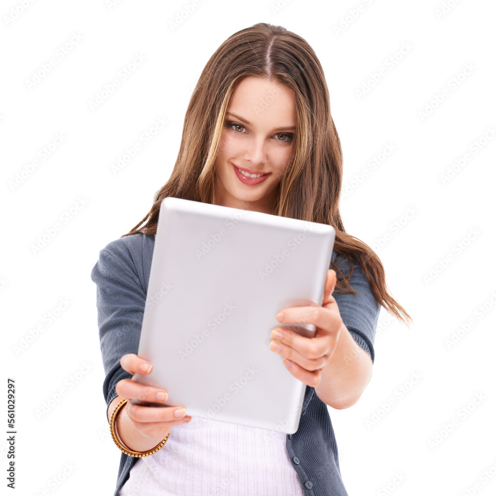Woman with tablet, smile in portrait with technology, internet and communication mockup on white background. Tech, web and young female with wireless digital device and marketing, wifi and network Woman with tablet, smile in portrait with technology, internet and communication mockup on white background. Tech, web and young female with wireless digital device and marketing, wifi and network