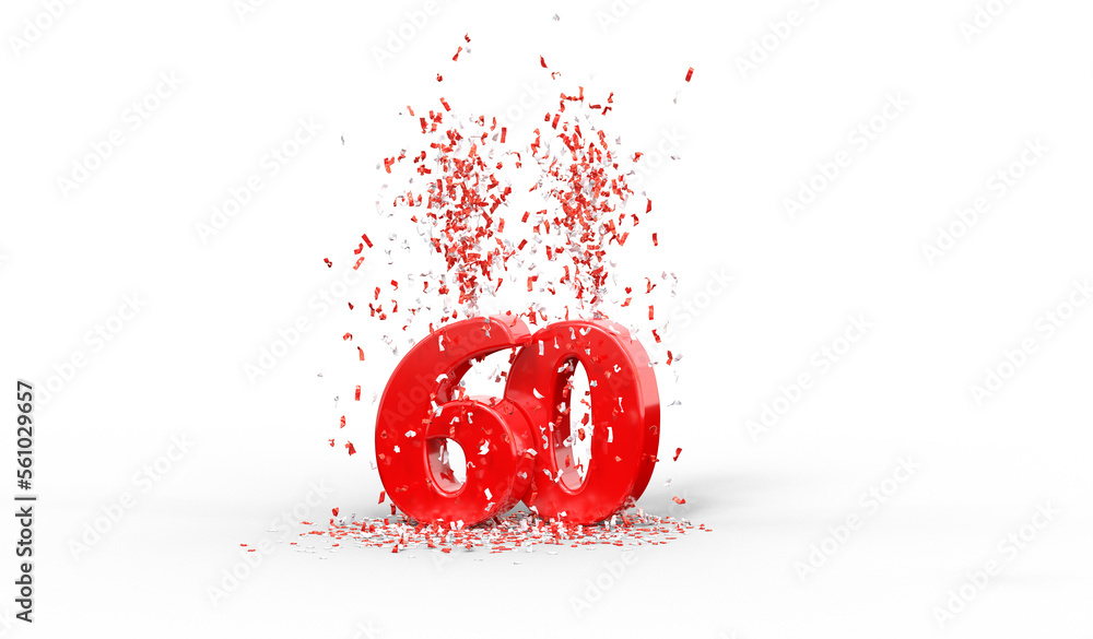 Naklejka premium nombre 60 rouge avec confettis rouges et blancs - soixantième anniversaire - fond transparent - rendu 3D