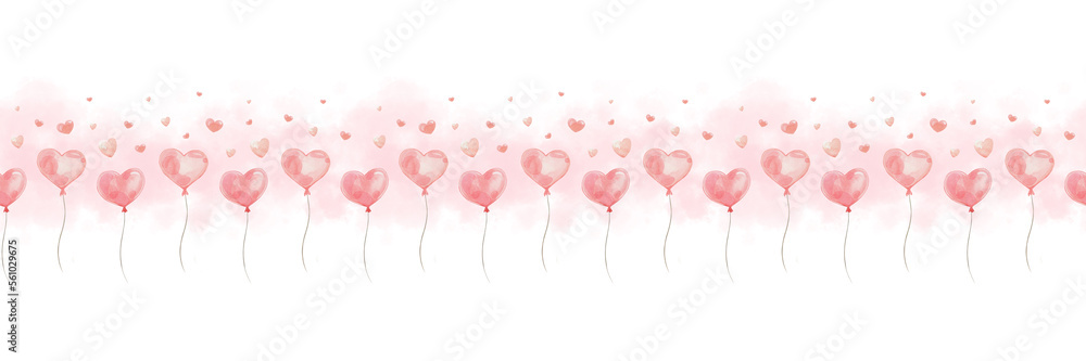 Heart-shaped balloons and hearts on a white background. Watercolor seamless border. Perfect for wrapping paper, background, wallpaper, textile design for Valentine's day.