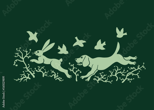 Beagle is chasing a hare. Vector silhouettes. Cartoon style. Hunting illustration.