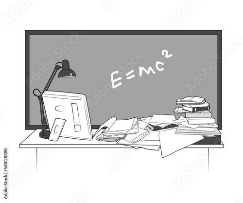 Desk with pile of books and papers, chalkboard, computer and table lamp. Vector illustration, monochrome sketch..