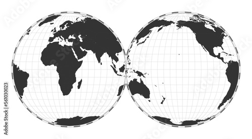 Vector world map in Mollweide projection, interrupted into two equal-area hemispheres. A plain geographical map with latitude and longitude lines, centered at 120 degrees W longitude.