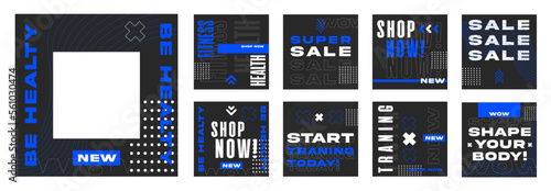 Black and Blue Social Media Post Template for Digital Marketing and Advertising Sale Promo. Puzzle Grid design for Fashion, Coffee Shops, GYM, Fitness vector set. Minimal, trendy, abstract layout.