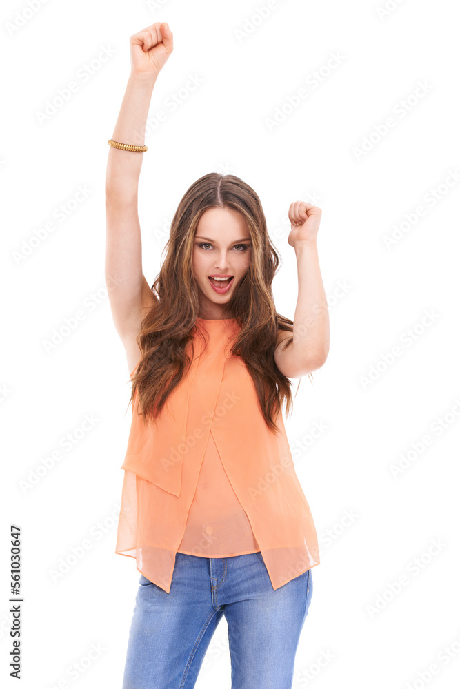 Fashion, arms up and portrait of woman in studio for marketing, advertising and mockup on white background. Retail, beauty and happy girl in celebration for promotion, sale announcement and discount Fashion, arms up and portrait of woman in studio for marketing, advertising and mockup on white background. Retail, beauty and happy girl in celebration for promotion, sale announcement and discount