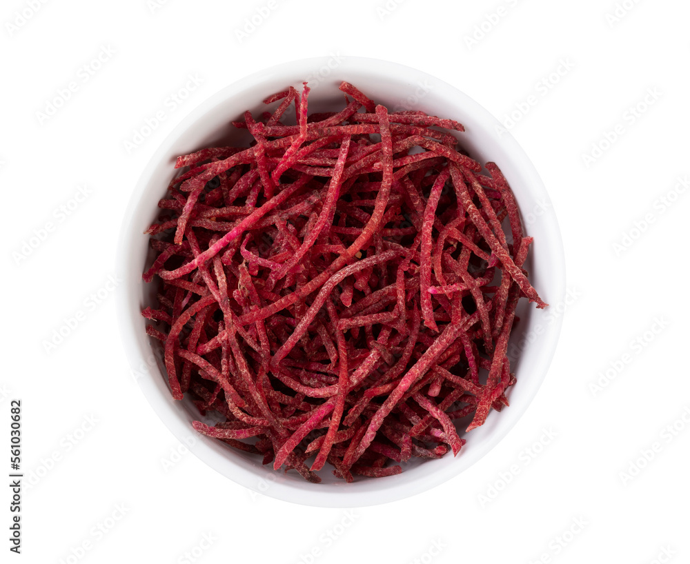 Fototapeta premium Beetroot strips, julienne style in a bowl isolated over white background