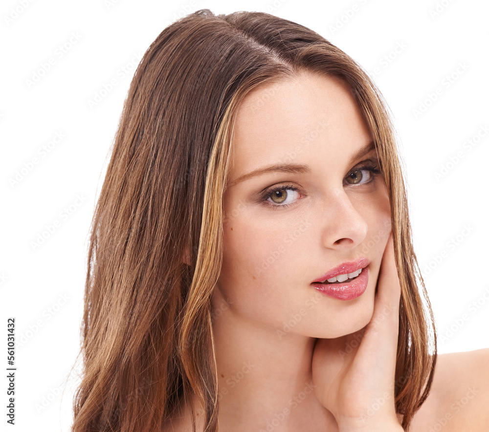 Face portrait, hair care and beauty of woman in studio isolated on a white background. Makeup cosmetics, skincare and female model with balayage after salon treatment for texture, growth or hairstyle Face portrait, hair care and beauty of woman in studio isolated on a white background. Makeup cosmetics, skincare and female model with balayage after salon treatment for texture, growth or hairstyle