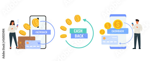 Mobile cash back service. Set of vector illustration of money refund, return on investment. People characters and huge smartphones with cashback symbols.