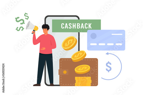 Vector flat illustration of cashback service. Saving money. Money refund. Receiving cash back.