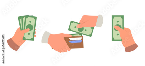 Vector flat illustration set of hands holding cash money. Human hands holding banknotes, wallet.