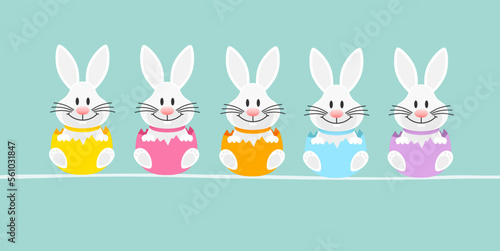 5 Weiße Osterhasen In Eierschale Sitzend Türkis