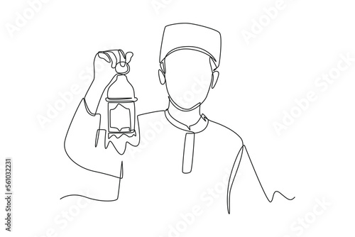 Single one line drawing Happy muslim boy holding ramadan lantern. Ramadan Concept. Continuous line draw design graphic vector illustration.