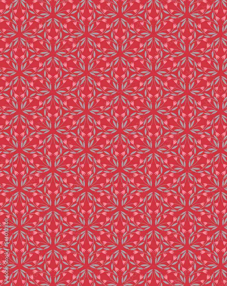 Simple fabric floral pattern with modest flat pink tulip flowers isolated on red background