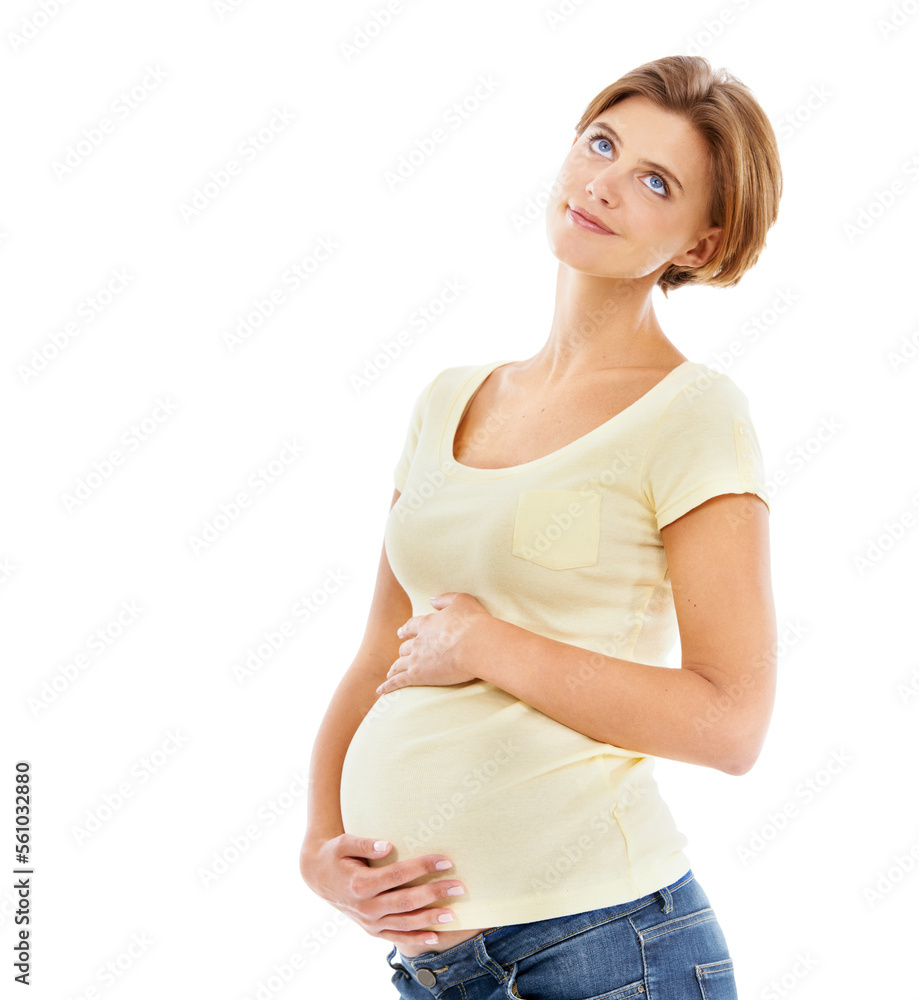 Think, portrait and woman pregnancy with stomach holding to show love, care and smile for child. Pregnant, thinking and calm mother with loving hands on abdomen with happiness for baby with mockup Think, portrait and woman pregnancy with stomach holding to show love, care and smile for child. Pregnant, thinking and calm mother with loving hands on abdomen with happiness for baby with mockup
