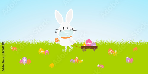 Weißer Osterhase Maske Handwagen Wiese Ostereier