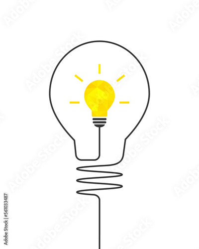 Great and bright idea concept. Wire line forming big lightbulb shape and leading to a shiny yellow light bulb. Vector illustration isolated on white background.