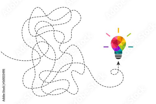 Creative idea concept with colorful light bulb. One continuous dashed line as thinking process, trials and challenges symbol leading to lightbulb made of vibrant colors.