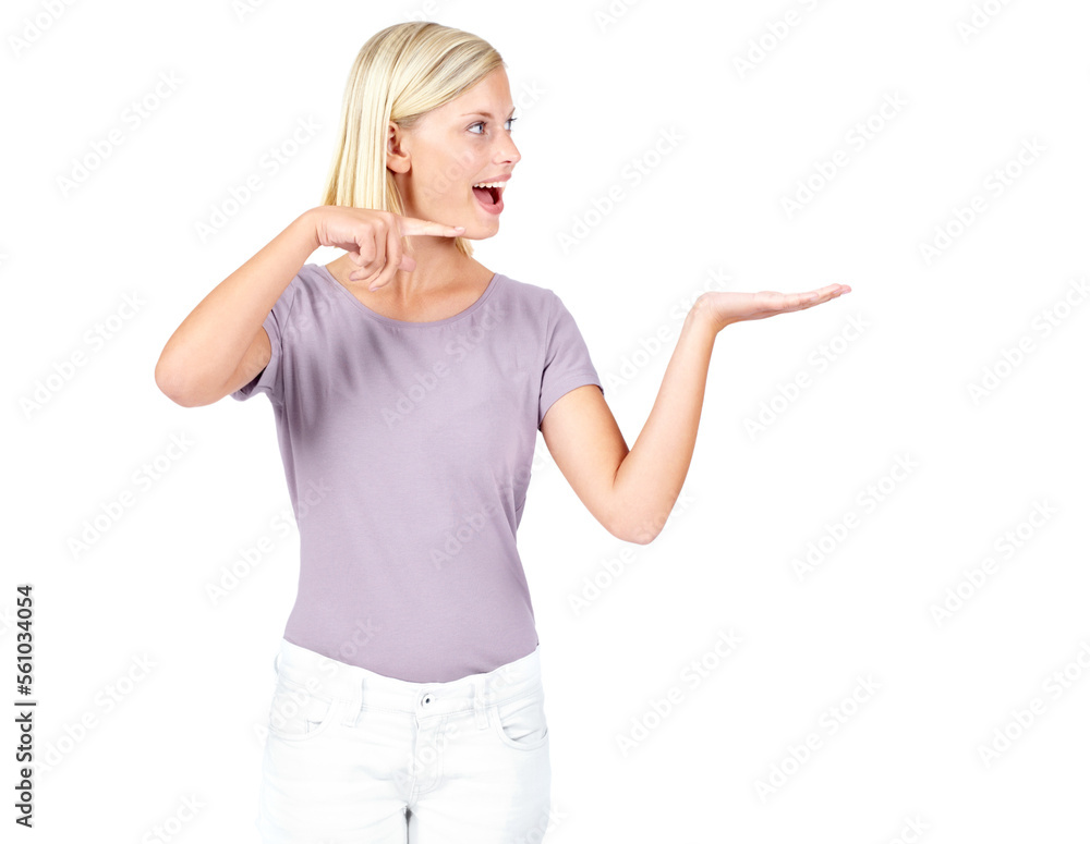 Wow, studio or woman with mockup for marketing, branding or advertising space on white background. Discount deal, product placement or girls hands showing retail sales offer in commercial promotion Wow, studio or woman with mockup for marketing, branding or advertising space on white background. Discount deal, product placement or girls hands showing retail sales offer in commercial promotion