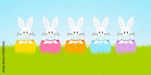 5 Weiße Osterhasen Maske Eierschalen Wiese Himmel Banner