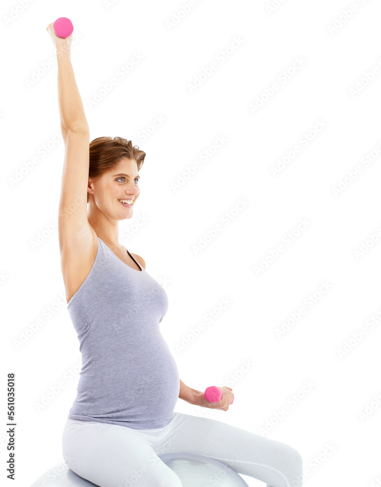 Exercise, weightlifting and pregnant woman on gym ball for maternity wellness, healthy lifestyle and wellbeing. Sports, pregnancy and female for workout, training and pilates with dumbbells in studio Exercise, weightlifting and pregnant woman on gym ball for maternity wellness, healthy lifestyle and wellbeing. Sports, pregnancy and female for workout, training and pilates with dumbbells in studio