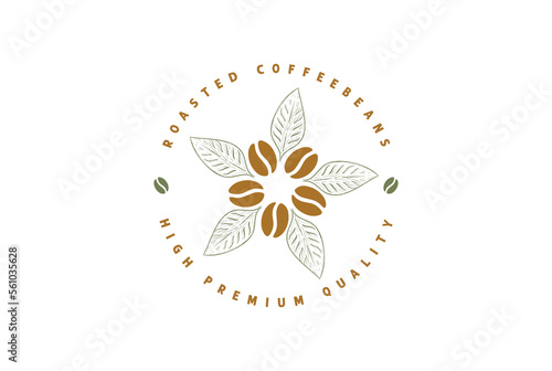 Circular Roasted Coffee bean with Leaves Star Flower for Cafe Restaurant or Farm Product Label Logo Design