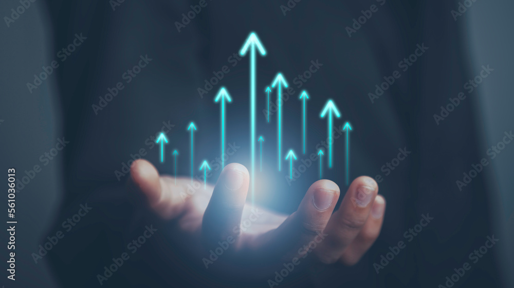 Financial management strategy for business growth success. Data and economic growth graph. Businessman show arrow target of future company plan diagram trend project. Financial management strategy for business growth success. Data and economic growth graph. Businessman show arrow target of future company plan diagram trend project.