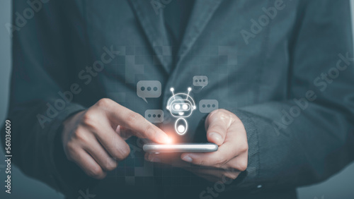 Artificial intelligence chatbot conversation assistant. Person using online customer contact service ai chatbot automated application support and CRM software technology