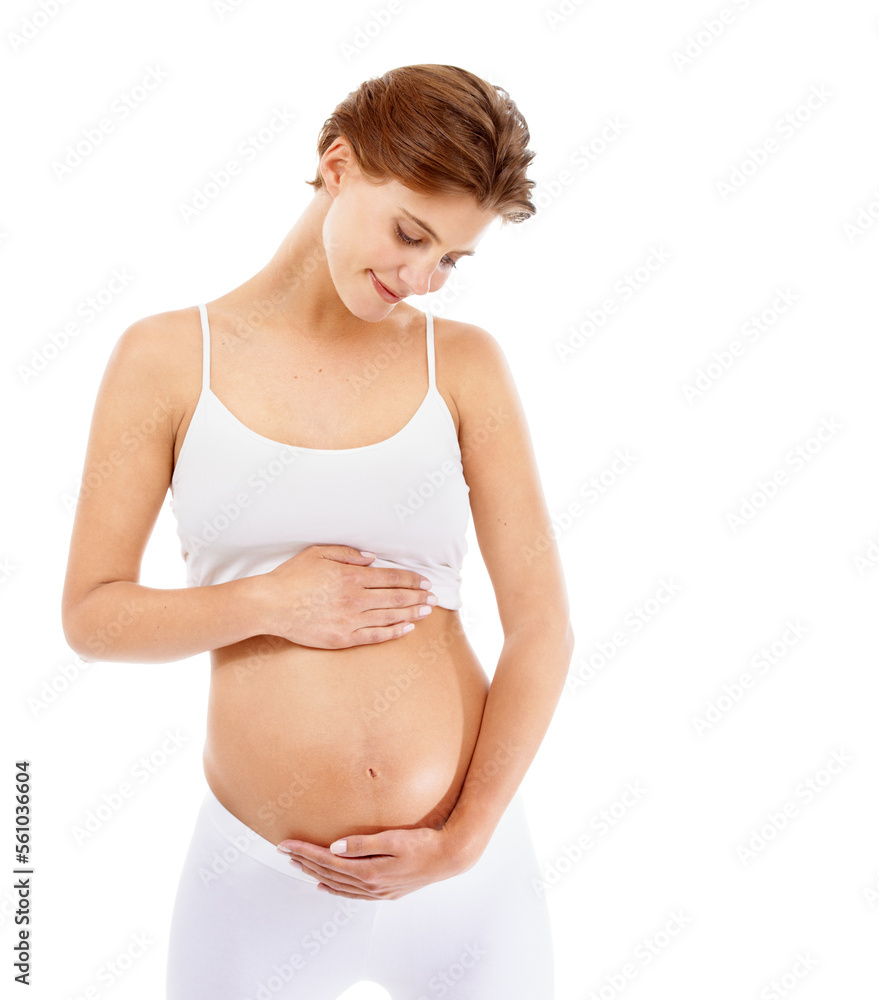 Pregnancy, love and woman holding her stomach in a studio for prenatal care, motherhood and happiness. Maternity, health and happy pregnant female model embracing her tummy by a white background. Pregnancy, love and woman holding her stomach in a studio for prenatal care, motherhood and happiness. Maternity, health and happy pregnant female model embracing her tummy by a white background.
