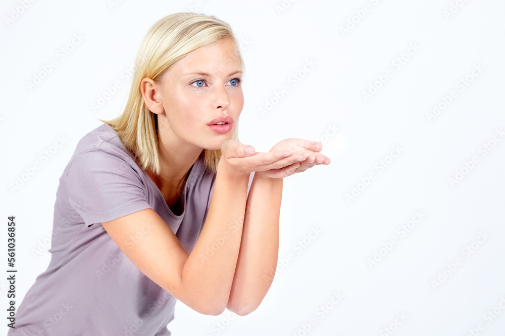 Flirt, thinking and woman with air kiss contemplating, pondering and thoughtful for advertising. Attractive, flirting and affection of isolated model blowing kisses on white background mock up. Flirt, thinking and woman with air kiss contemplating, pondering and thoughtful for advertising. Attractive, flirting and affection of isolated model blowing kisses on white background mock up.