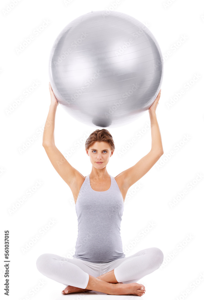 Pregnant woman, portrait and exercise ball with white background for fitness, pilates and wellness. Pregnancy, medicine ball and workout in studio for healthy maternity, yoga training and body energy Pregnant woman, portrait and exercise ball with white background for fitness, pilates and wellness. Pregnancy, medicine ball and workout in studio for healthy maternity, yoga training and body energy