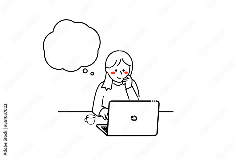 ノートパソコンを見て考えている女性
