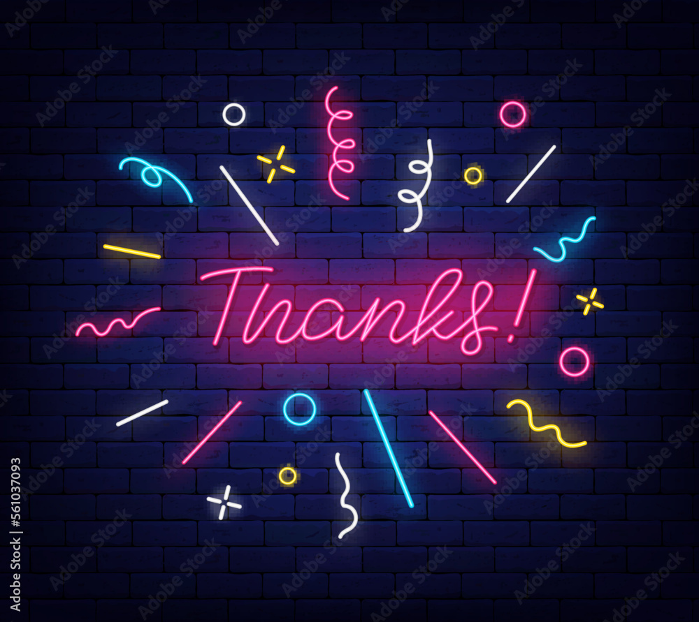 Obraz premium Thanks neon lettering phrase. Colorful confetti frame. Greeting card with gratitude. Vector stock illustration