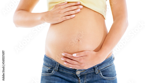 Pregnant woman, stomach and hands with studio background for body, maternity wellness and healthcare. Closeup abdomen, beauty and pregnancy of mother for skincare, healthy life and white background © Mapodile/peopleimages.com
